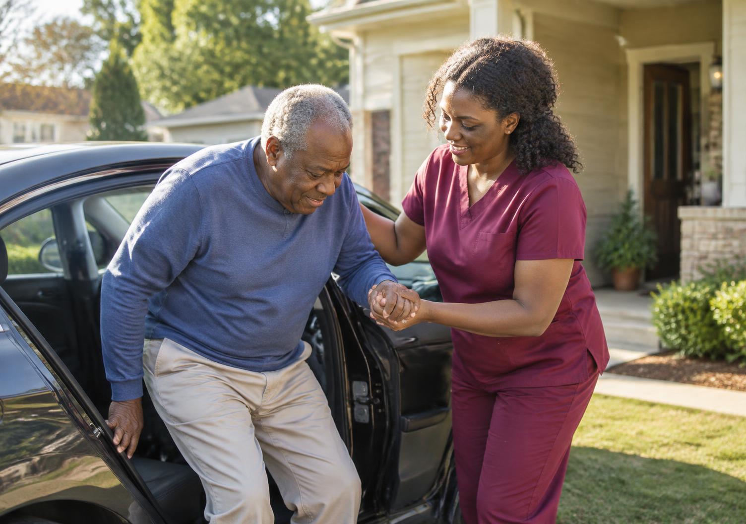 A caregiver helping an older man out of a vehicle in front of a home